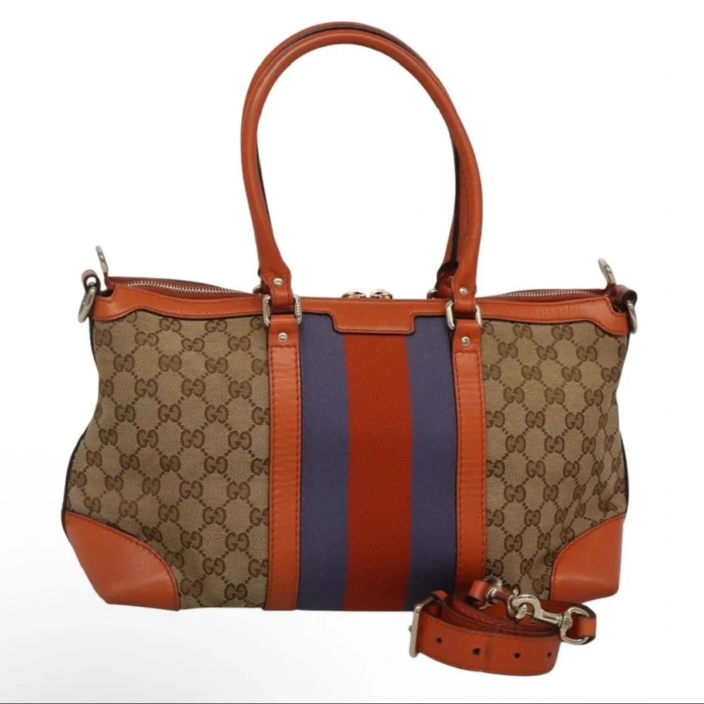 SOLD 🛑 GUCCI GG Canvas Sherry Line Hand Bag 2way Blue Beige Orange - Picture 1 of 17